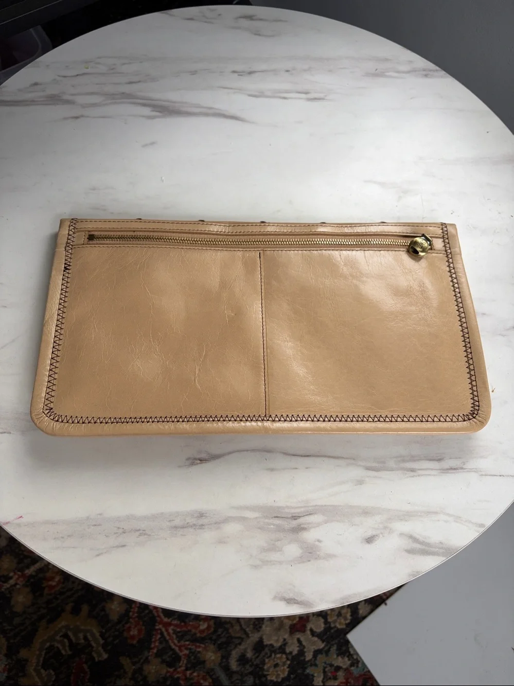 HOBO Beige Leather Stitch-Detail Fold-Over Clutch